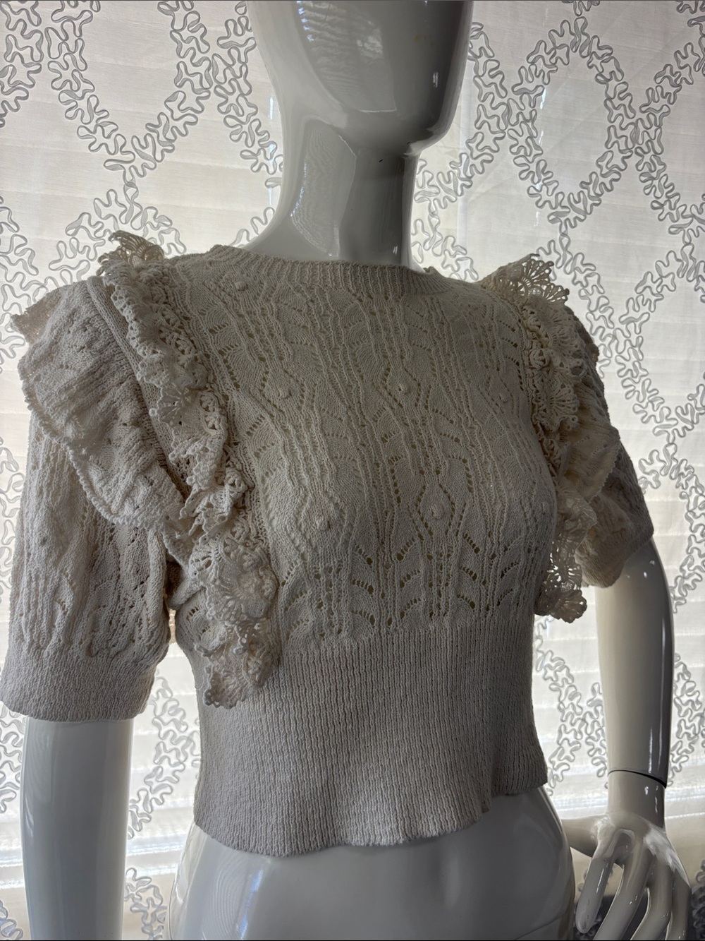 Zara Cream Lace-Trim Knit Crop Top